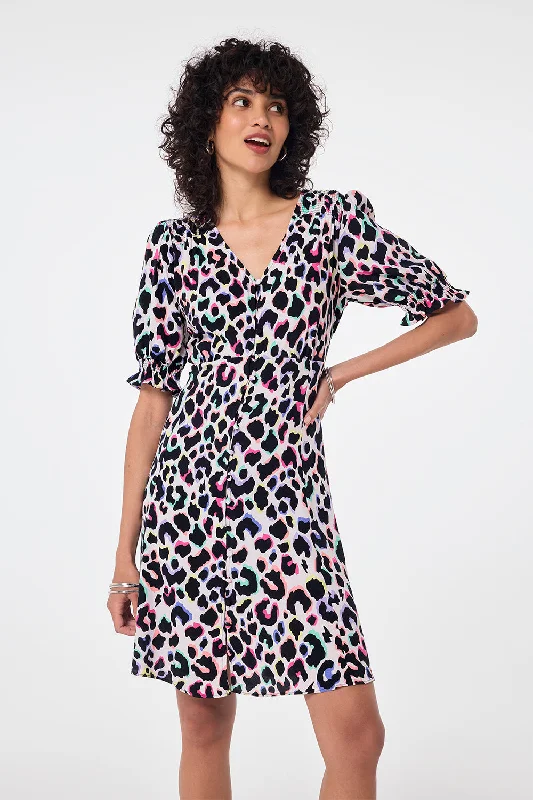 Backless Women Dress for a Sexy and Alluring Look at Evening EventsIvory with Rainbow Shadow Leopard Short Tea Dress Backless Women Dress for a Sexy and Alluring Look at Evening EventsIvory with Rainbow Shadow Leopard Short Tea Dress