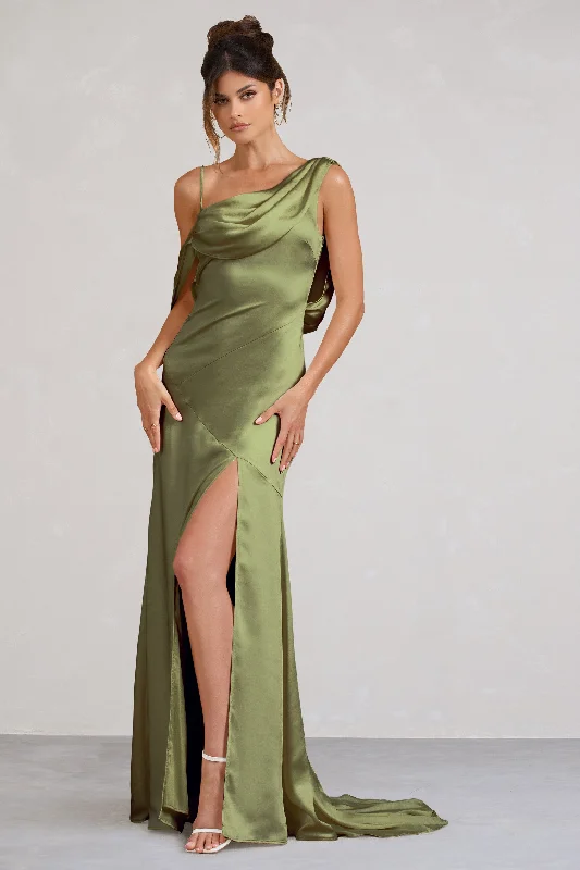 Wrap - Style Women Dress with Adjustable Fit for All Body TypesJayne | Olive Satin Asymmetric Draped Split Maxi Dress Wrap - Style Women Dress with Adjustable Fit for All Body TypesJayne | Olive Satin Asymmetric Draped Split Maxi Dress