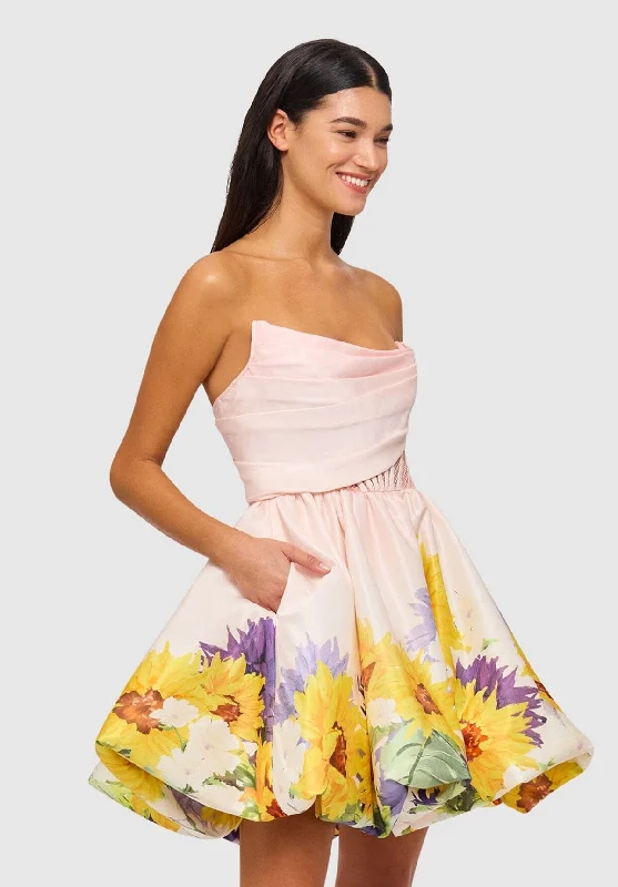 Long - Sleeve Women Dress in Velvet for a Luxurious Winter LookKaty Bustier Mini Dress - Sunflower Print in Pink Long - Sleeve Women Dress in Velvet for a Luxurious Winter LookKaty Bustier Mini Dress - Sunflower Print in Pink