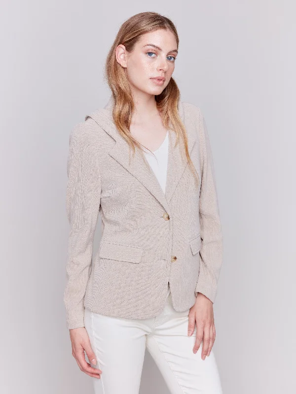 Women's Belted Blazers in Camel Color for a Sophisticated OutfitKnit Corduroy Blazer with Hood - Almond Women's Belted Blazers in Camel Color for a Sophisticated OutfitKnit Corduroy Blazer with Hood - Almond