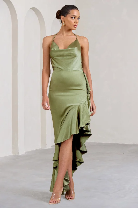 Empire Waist Women Dress to Accentuate the Bust and Conceal the WaistLady Rosselini | Olive Strappy Asymmetric Ruffled Maxi Dress Empire Waist Women Dress to Accentuate the Bust and Conceal the WaistLady Rosselini | Olive Strappy Asymmetric Ruffled Maxi Dress
