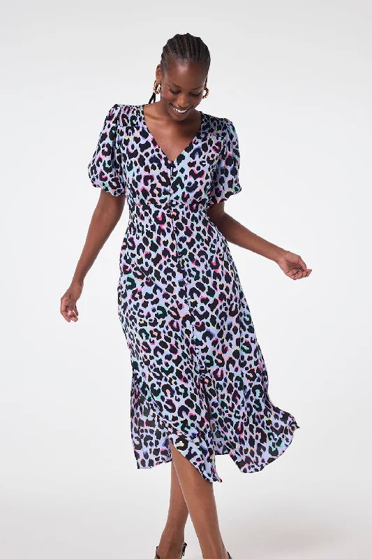 Backless Women Dress for a Sexy and Alluring Look at Evening EventsLight Blue with Rainbow Shadow Leopard Puff Sleeve Midi Tea Dress Backless Women Dress for a Sexy and Alluring Look at Evening EventsLight Blue with Rainbow Shadow Leopard Puff Sleeve Midi Tea Dress