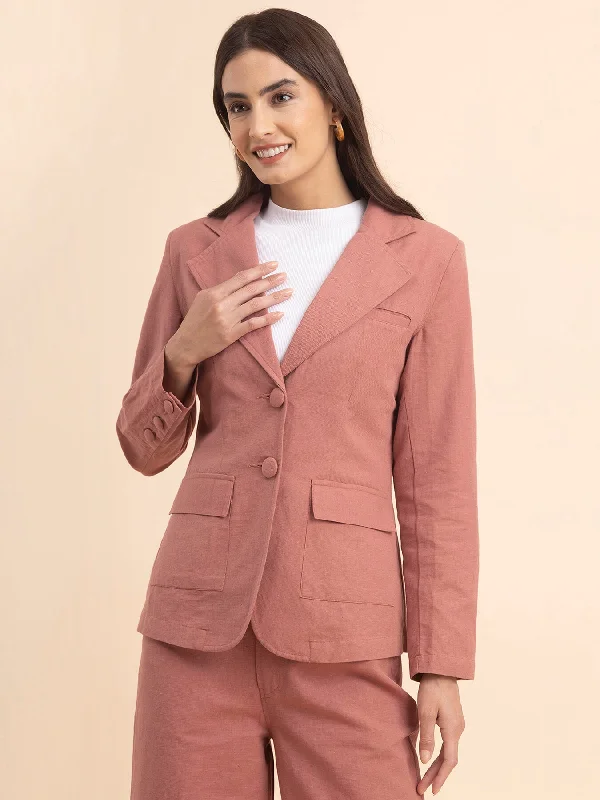 Linen Notch Lapel Collar Blazer - Dusty Pink