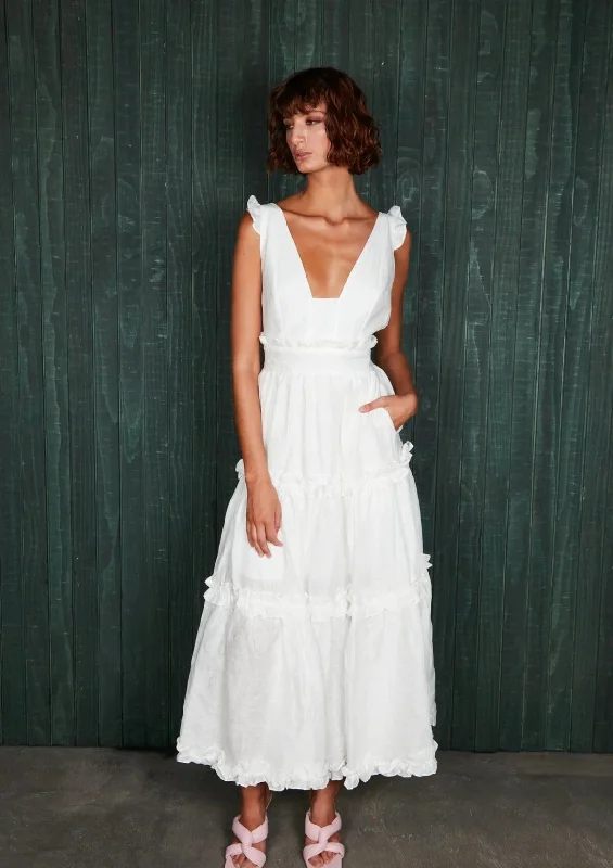 Mermaid - Style Women Dress with a Fitted Silhouette for Special OccasionsLinen Ruffle Dress - White Mermaid - Style Women Dress with a Fitted Silhouette for Special OccasionsLinen Ruffle Dress - White