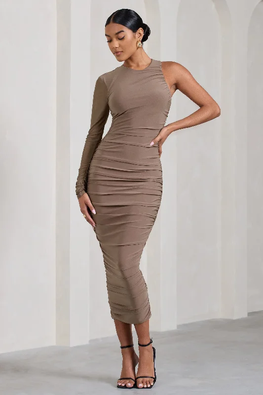 Halter Neck Women Dress to Show Off the Shoulders and NecklineLuciene | Mocha Ruched Asymmetric Bodycon Midi Dress With Sheer Sleeve Halter Neck Women Dress to Show Off the Shoulders and NecklineLuciene | Mocha Ruched Asymmetric Bodycon Midi Dress With Sheer Sleeve