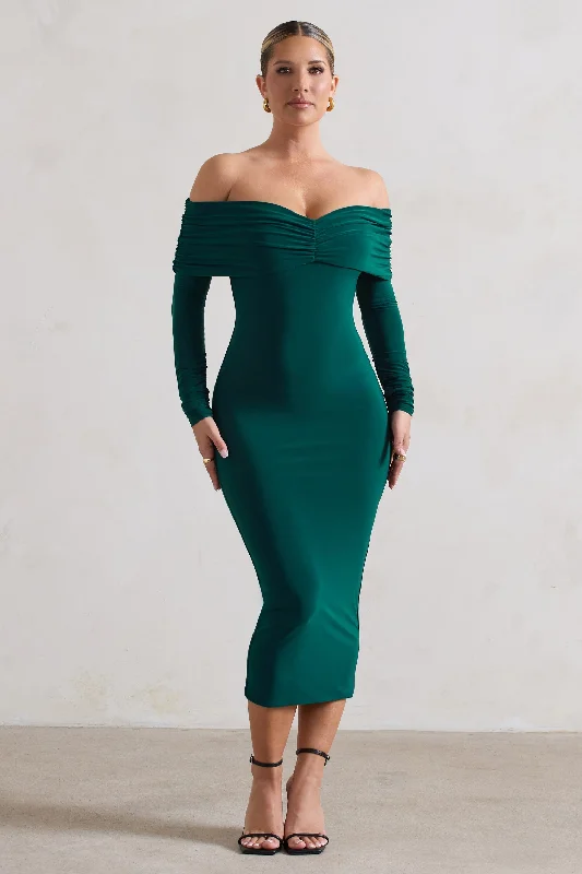 Marcella | Bottle Green Bodycon Bardot Midi Dress