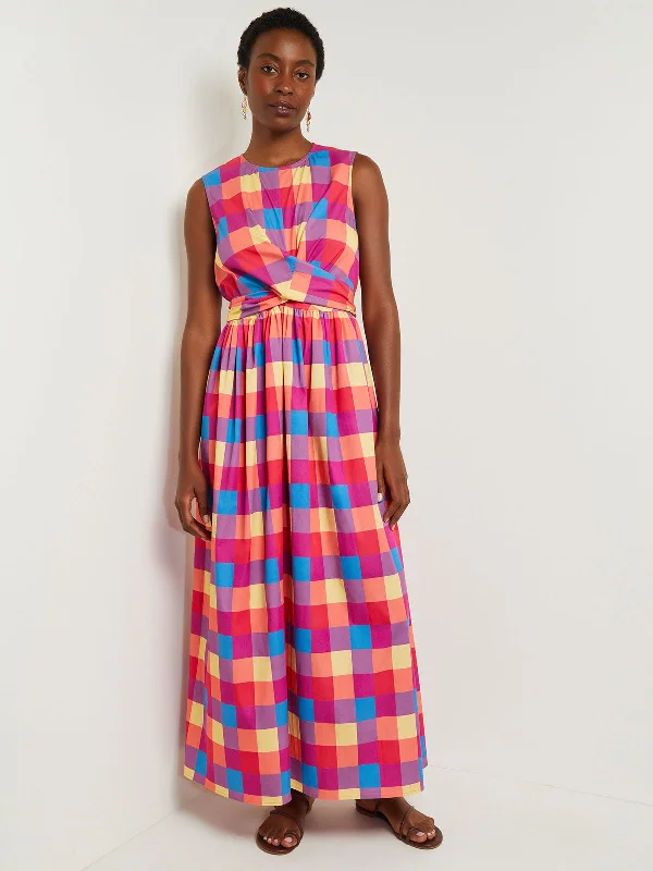 Maxi Tie Waist Dress - Plaid Cotton Blend