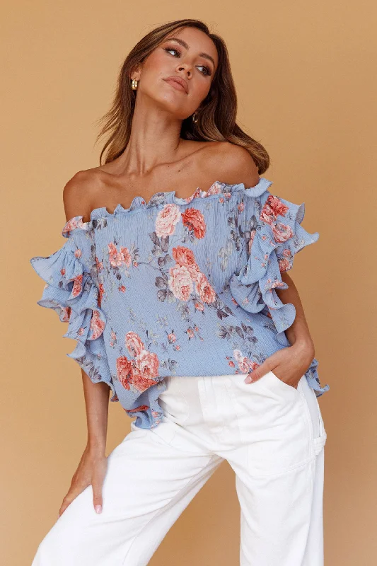 Ball Gown Women Dress with a Full Skirt for a Princess - like LookMiranda Off-Shoulder Ruffle Sleeve Top Floral Print Blue Ball Gown Women Dress with a Full Skirt for a Princess - like LookMiranda Off-Shoulder Ruffle Sleeve Top Floral Print Blue