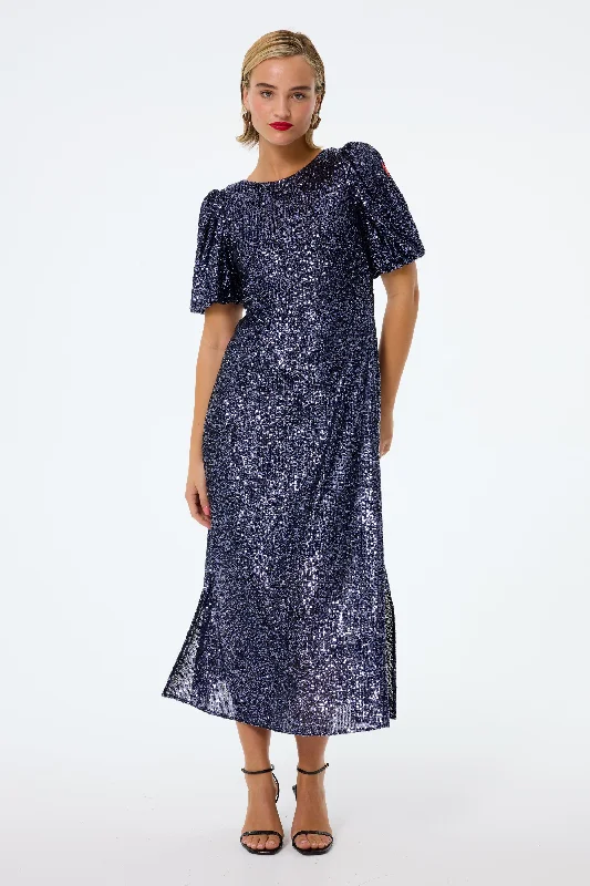 Wrap - Style Women Dress with Adjustable Fit for All Body TypesNavy Sequin Puff Sleeve Midi Dress Wrap - Style Women Dress with Adjustable Fit for All Body TypesNavy Sequin Puff Sleeve Midi Dress