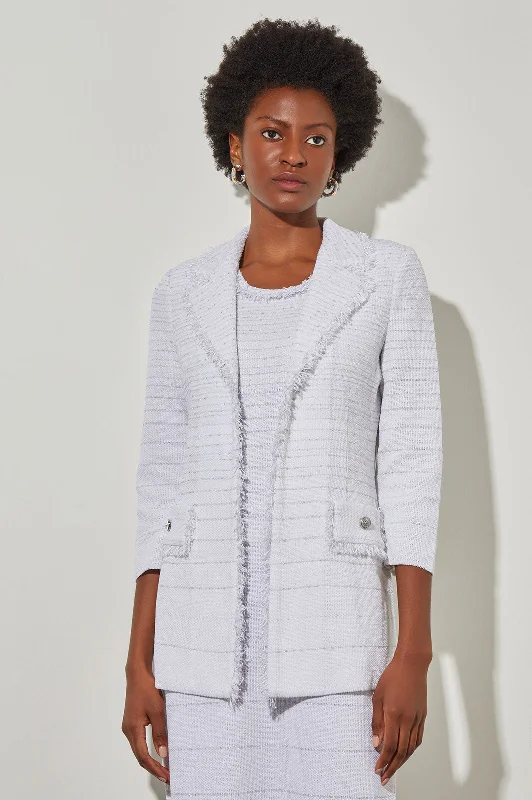 Plus Size Women's Faux Fur - Trimmed Blazers in Black for a Luxurious LookNotch Collar Jacket - Stripe Shimmer Knit Plus Size Women's Faux Fur - Trimmed Blazers in Black for a Luxurious LookNotch Collar Jacket - Stripe Shimmer Knit