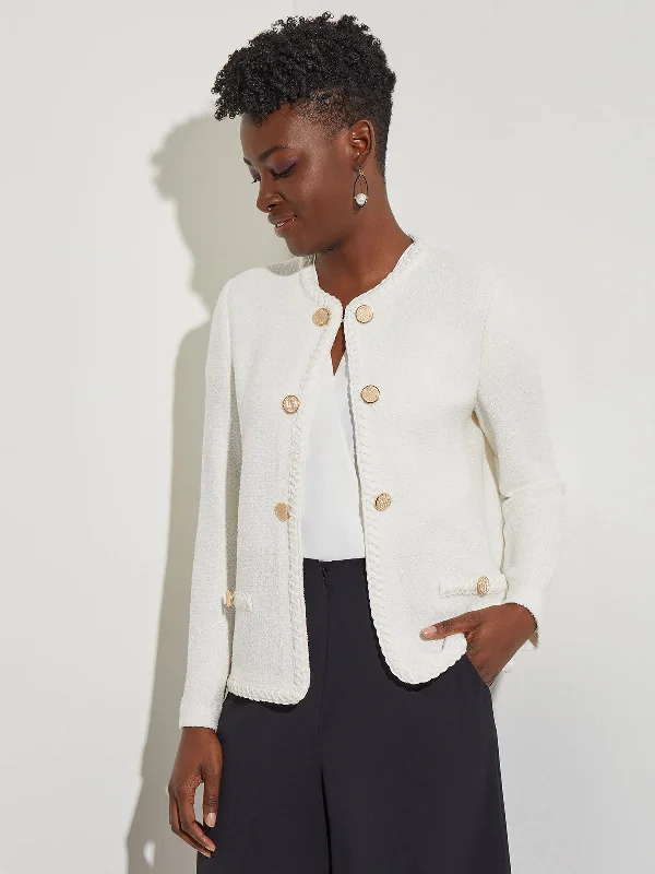 Novelty Button Lightweight Tweed Knit Jacket, White