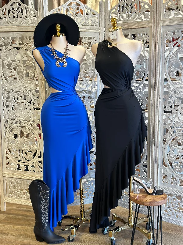 Backless Women Dress for a Sexy and Alluring Look at Evening EventsOne Sleeve Cutout Midi Ruffled Dress-Estira, Stretchy Backless Women Dress for a Sexy and Alluring Look at Evening EventsOne Sleeve Cutout Midi Ruffled Dress-Estira, Stretchy
