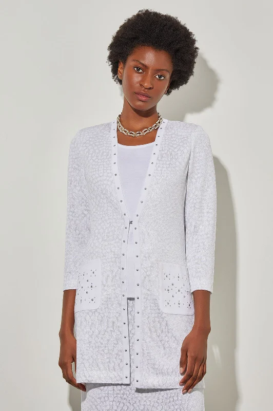 Plus Size Women's Sequin - Embellished Blazers in Silver for a Glamorous PartyOpen Front Jacket - Stud Trim Textured Knit Plus Size Women's Sequin - Embellished Blazers in Silver for a Glamorous PartyOpen Front Jacket - Stud Trim Textured Knit