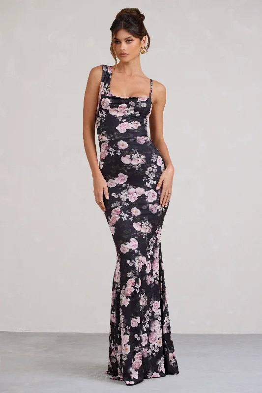 Ruffled Women Dress with Multiple Layers for a Playful and Girly StylePhantasy | Black & Pink Floral Print Asymmetric Neckline Cowl Maxi Dress Ruffled Women Dress with Multiple Layers for a Playful and Girly StylePhantasy | Black & Pink Floral Print Asymmetric Neckline Cowl Maxi Dress
