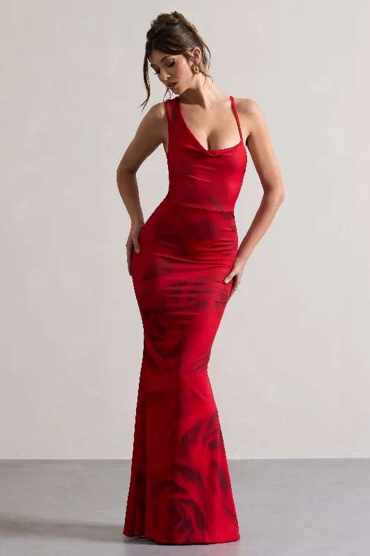 Pleated Women Dress with a Timeless and Elegant TexturePhantasy | Red Rose Print Asymmetric Neckline Cowl Maxi Dress Pleated Women Dress with a Timeless and Elegant TexturePhantasy | Red Rose Print Asymmetric Neckline Cowl Maxi Dress