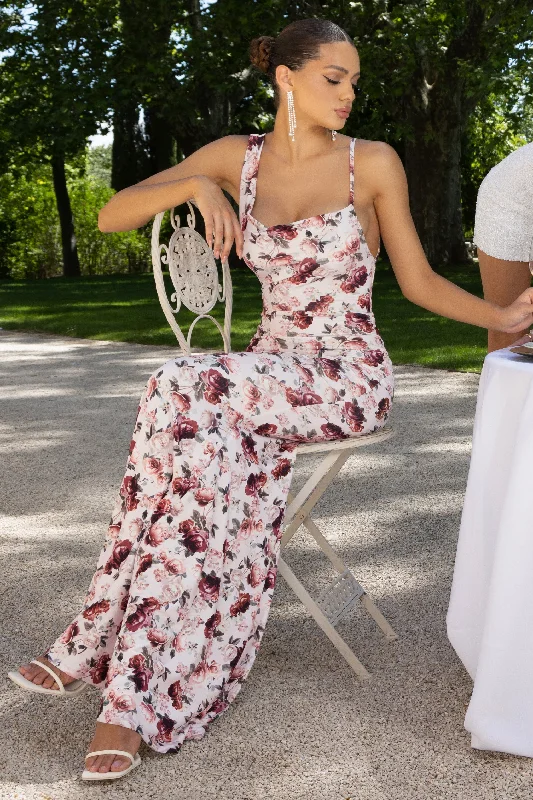 Mermaid - Style Women Dress with a Fitted Silhouette for Special OccasionsPhantasy | White Floral Print Asymmetric Neckline Cowl Maxi Dress Mermaid - Style Women Dress with a Fitted Silhouette for Special OccasionsPhantasy | White Floral Print Asymmetric Neckline Cowl Maxi Dress