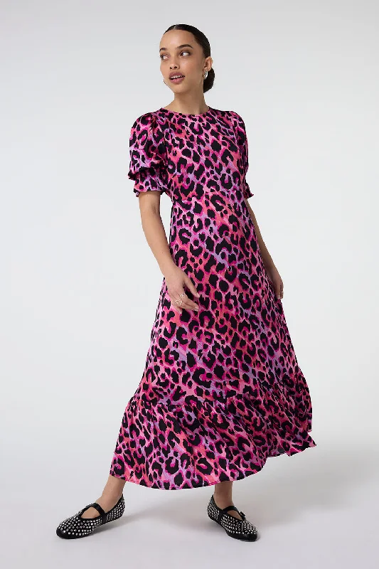Strapless Women Dress with a Built - in Bra for Comfort and SupportPink and Lilac with Black Shadow Leopard Flute Sleeve Midi Dress Strapless Women Dress with a Built - in Bra for Comfort and SupportPink and Lilac with Black Shadow Leopard Flute Sleeve Midi Dress