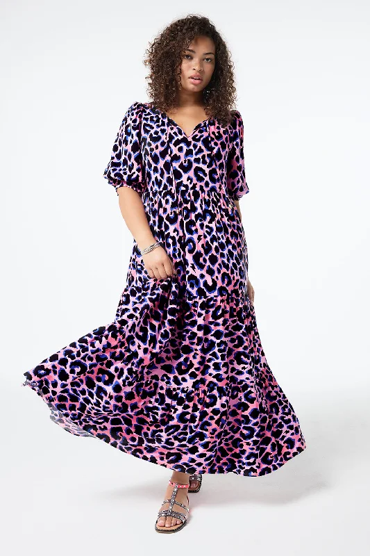 Backless Women Dress for a Sexy and Alluring Look at Evening EventsPink with Blue and Black Shadow Leopard Tie Front Maxi Dress Backless Women Dress for a Sexy and Alluring Look at Evening EventsPink with Blue and Black Shadow Leopard Tie Front Maxi Dress
