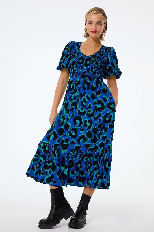 Sheath Women Dress with a Tailored Fit for a Professional LookBlue with Green and Black Mega Leopard Shirred Puff Sleeve Midi Dress Sheath Women Dress with a Tailored Fit for a Professional LookBlue with Green and Black Mega Leopard Shirred Puff Sleeve Midi Dress