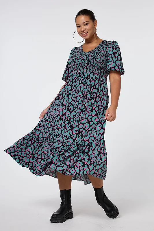 Sheath Women Dress with a Tailored Fit for a Professional LookKhaki with Pink and Black Mega Leopard Shirred Puff Sleeve Midi Dress Sheath Women Dress with a Tailored Fit for a Professional LookKhaki with Pink and Black Mega Leopard Shirred Puff Sleeve Midi Dress
