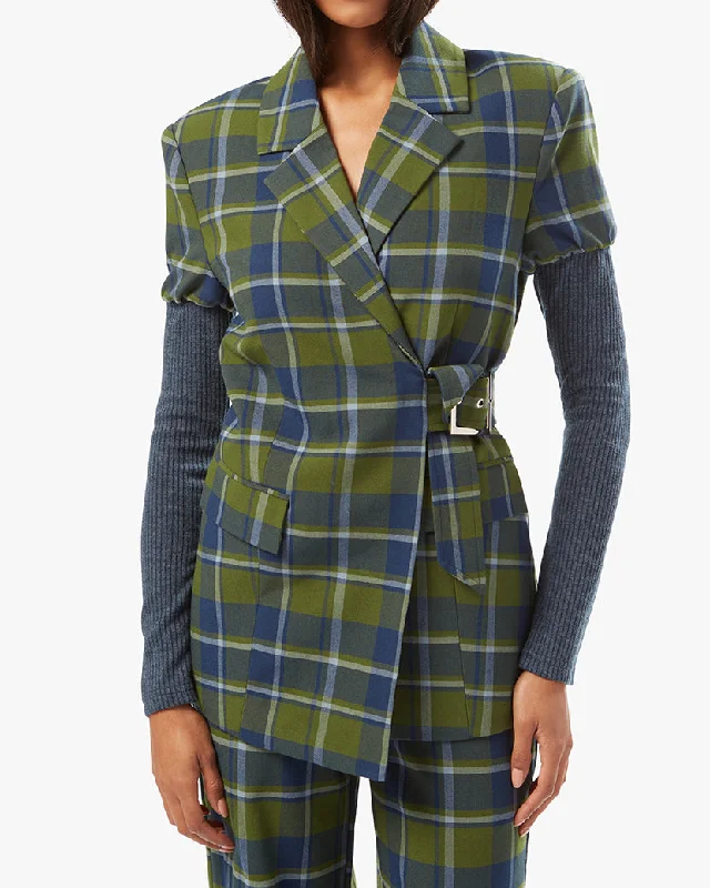 Double - Breasted Women's Leather Blazers in Taupe for an Edgy LookRib Sleeve Classic Plaid Blazer Double - Breasted Women's Leather Blazers in Taupe for an Edgy LookRib Sleeve Classic Plaid Blazer