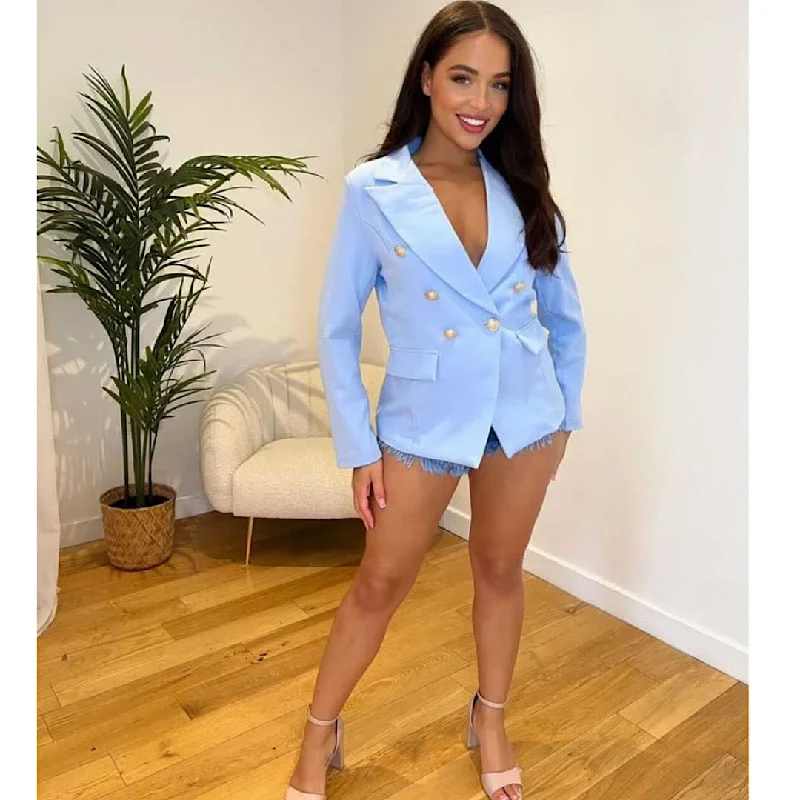 Plus Size Women's Military - Inspired Blazers with Gold Accents for a Bold LookROMEO Blue Gold Button Blazer Jacket Plus Size Women's Military - Inspired Blazers with Gold Accents for a Bold LookROMEO Blue Gold Button Blazer Jacket