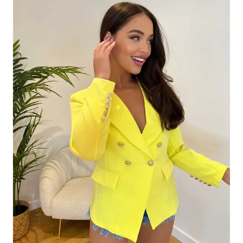 Plus Size Women's Faux Fur - Trimmed Blazers in Black for a Luxurious LookROMEO Yellow Gold Button Blazer Jacket Plus Size Women's Faux Fur - Trimmed Blazers in Black for a Luxurious LookROMEO Yellow Gold Button Blazer Jacket