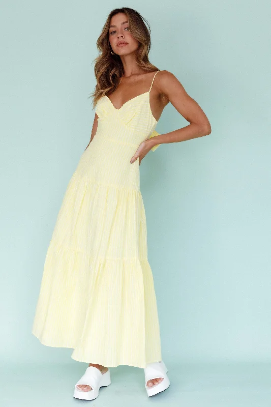 Plus Size Women Dress with a Flattering A - Line Cut for Comfort and StyleRoyce Bow Back Midi Dress Striped Yellow Plus Size Women Dress with a Flattering A - Line Cut for Comfort and StyleRoyce Bow Back Midi Dress Striped Yellow