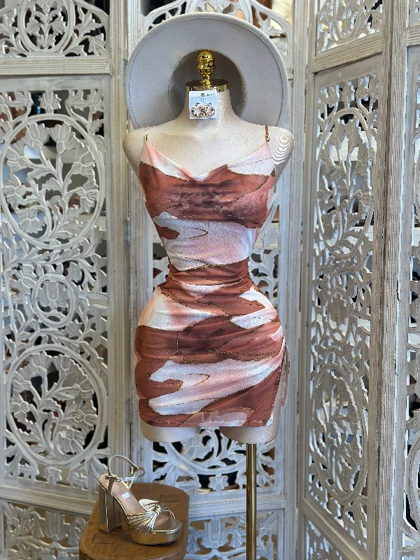 Lace - Embellished Women Dress for an Elegant and Sophisticated AppearanceRust Tie Dye Mini Cowl Neck Mini Dress- Estira, Stretchy Lace - Embellished Women Dress for an Elegant and Sophisticated AppearanceRust Tie Dye Mini Cowl Neck Mini Dress- Estira, Stretchy