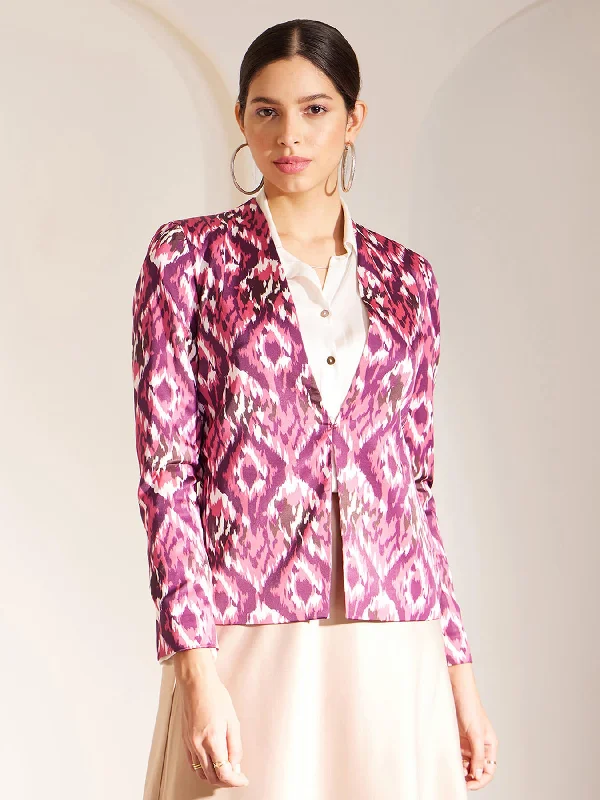 Satin Ikkat Print Jacket - Pink And Purple