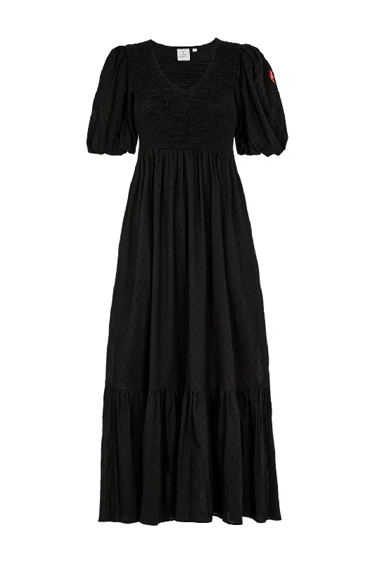 Mermaid - Style Women Dress with a Fitted Silhouette for Special OccasionsBlack Dobby Shirred Puff Sleeve Midi Dress Mermaid - Style Women Dress with a Fitted Silhouette for Special OccasionsBlack Dobby Shirred Puff Sleeve Midi Dress