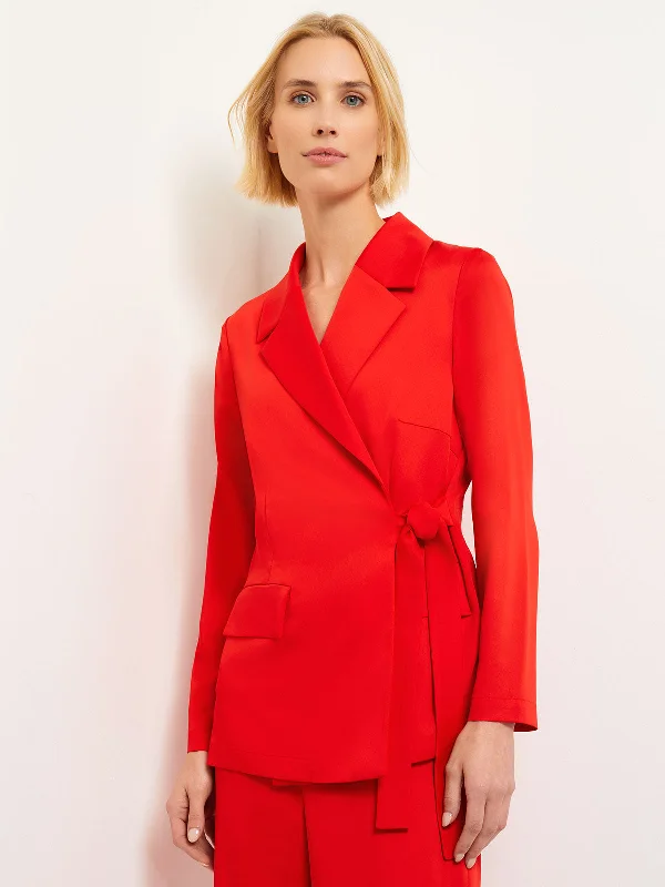 Side Tie Tailored Wrap Crepe de Chine Blazer, Sunset Red