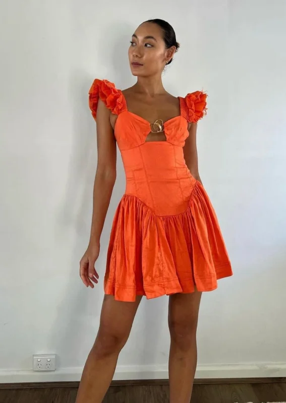 Strapless Women Dress with a Built - in Bra for Comfort and SupportSimone Frill Sleeve Mini - Orange Strapless Women Dress with a Built - in Bra for Comfort and SupportSimone Frill Sleeve Mini - Orange