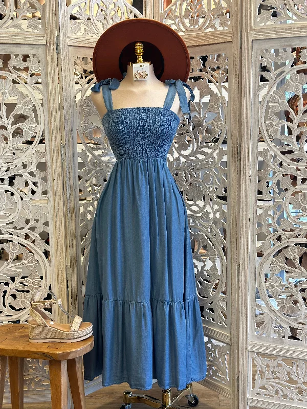 Empire Waist Women Dress to Accentuate the Bust and Conceal the WaistSmocked Denim Maxi Dress- Estira, Stretchy Empire Waist Women Dress to Accentuate the Bust and Conceal the WaistSmocked Denim Maxi Dress- Estira, Stretchy