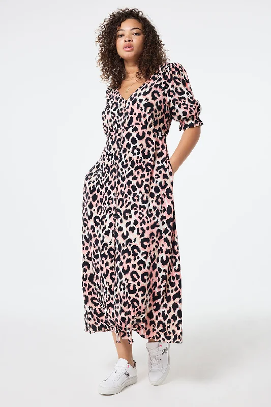 Backless Women Dress for a Sexy and Alluring Look at Evening EventsMixed Neutral with Black Shadow Leopard Flute Sleeve Midi Tea Dress Backless Women Dress for a Sexy and Alluring Look at Evening EventsMixed Neutral with Black Shadow Leopard Flute Sleeve Midi Tea Dress