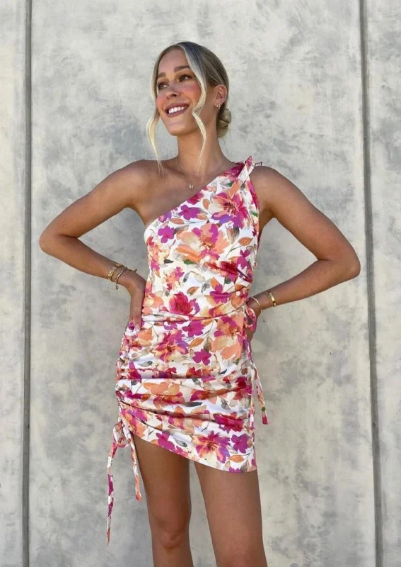 Pleated Women Dress with a Timeless and Elegant TextureStella Asymmetric Ruched Mini Dress - Pink Peach Floral