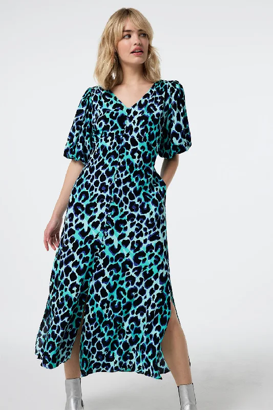 Backless Women Dress for a Sexy and Alluring Look at Evening EventsTurquoise with Black and Blue Shadow Leopard Puff Sleeve Midi Tea Dress Backless Women Dress for a Sexy and Alluring Look at Evening EventsTurquoise with Black and Blue Shadow Leopard Puff Sleeve Midi Tea Dress