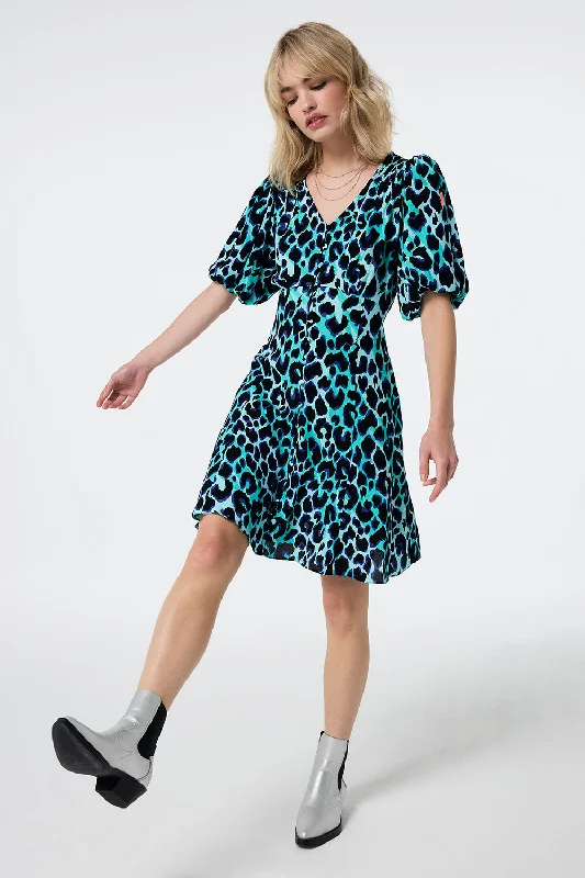 Ruffled Women Dress with Multiple Layers for a Playful and Girly StyleTurquoise with Black and Blue Shadow Leopard Puff Sleeve Short Tea Dress Ruffled Women Dress with Multiple Layers for a Playful and Girly StyleTurquoise with Black and Blue Shadow Leopard Puff Sleeve Short Tea Dress