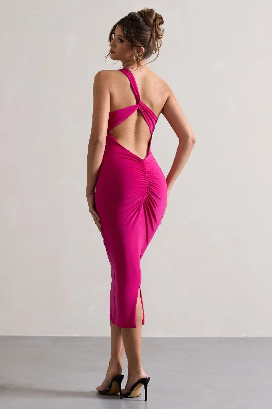 Lace - Embellished Women Dress for an Elegant and Sophisticated AppearanceVineyard | Hot Pink Asymmetric Backless Bodycon Midi Dress Lace - Embellished Women Dress for an Elegant and Sophisticated AppearanceVineyard | Hot Pink Asymmetric Backless Bodycon Midi Dress