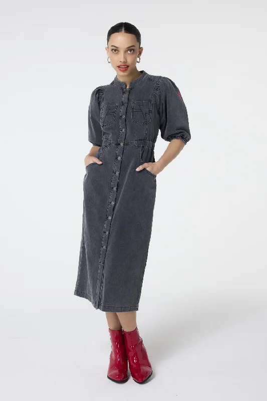 Printed Abstract Women Dress for a Modern and Artistic AppealWashed Black Elastic Waist Denim Dress Printed Abstract Women Dress for a Modern and Artistic AppealWashed Black Elastic Waist Denim Dress