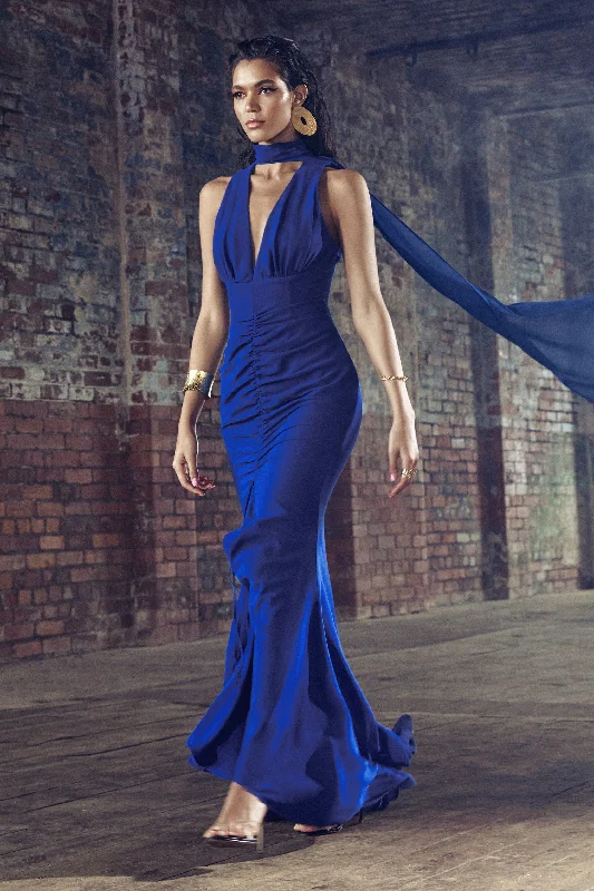 Maxi Women Dress with Floral Print for a Bohemian VibeWhimsical | Blue Chiffon Plunge Fishtail Maxi Dress With Scarf Design Maxi Women Dress with Floral Print for a Bohemian VibeWhimsical | Blue Chiffon Plunge Fishtail Maxi Dress With Scarf Design