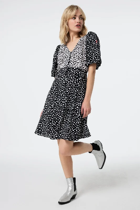 Halter Neck Women Dress to Show Off the Shoulders and NecklineWhite with Black Mix Cheetah Puff Sleeve Short Tea Dress Halter Neck Women Dress to Show Off the Shoulders and NecklineWhite with Black Mix Cheetah Puff Sleeve Short Tea Dress