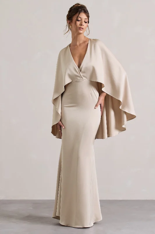 Yasie | Champagne Satin Plunge-Neck Maxi Dress With Cape Sleeves