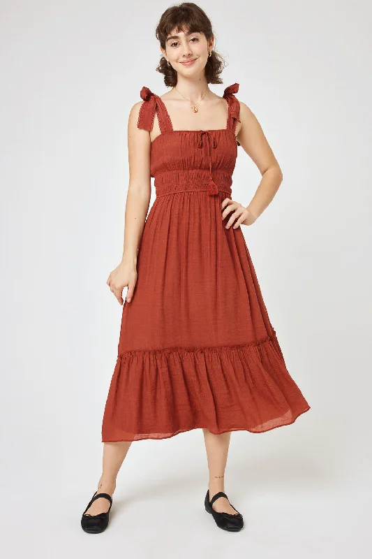 Auburn Red Tie Shoulder Midi Dress