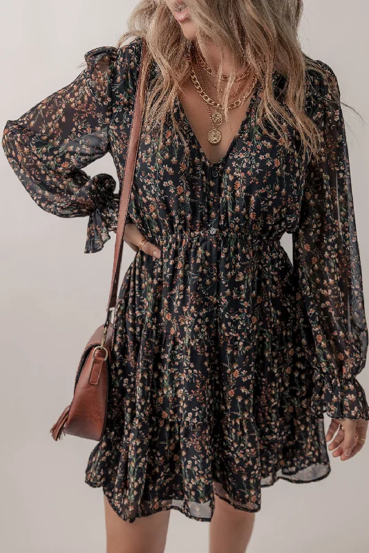 Long - Sleeve Women Dress in Velvet for a Luxurious Winter LookFloral Ruffled Puff Sleeve Dress Long - Sleeve Women Dress in Velvet for a Luxurious Winter LookFloral Ruffled Puff Sleeve Dress