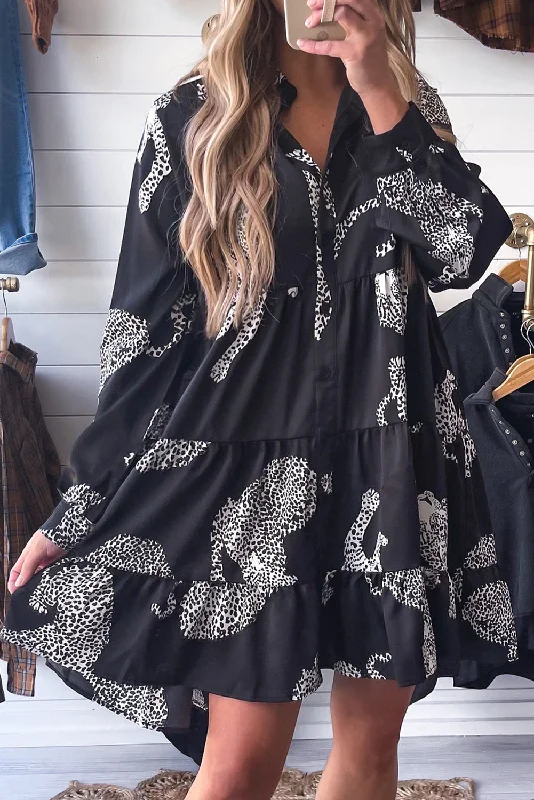 Long - Sleeve Women Dress in Velvet for a Luxurious Winter LookLeopard Ruffle Tiered Shirt Dress Long - Sleeve Women Dress in Velvet for a Luxurious Winter LookLeopard Ruffle Tiered Shirt Dress