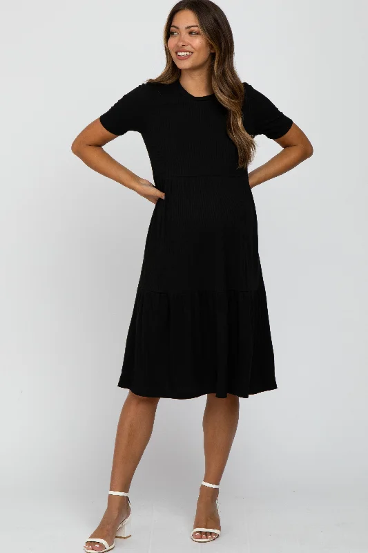 Lace - Embellished Women Dress for an Elegant and Sophisticated AppearanceBlack Ribbed Tiered Maternity Dress Lace - Embellished Women Dress for an Elegant and Sophisticated AppearanceBlack Ribbed Tiered Maternity Dress