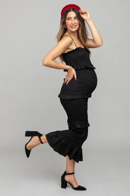 Empire Waist Women Dress to Accentuate the Bust and Conceal the WaistBlack Satin Smocked Fitted Maternity Midi Dress Empire Waist Women Dress to Accentuate the Bust and Conceal the WaistBlack Satin Smocked Fitted Maternity Midi Dress