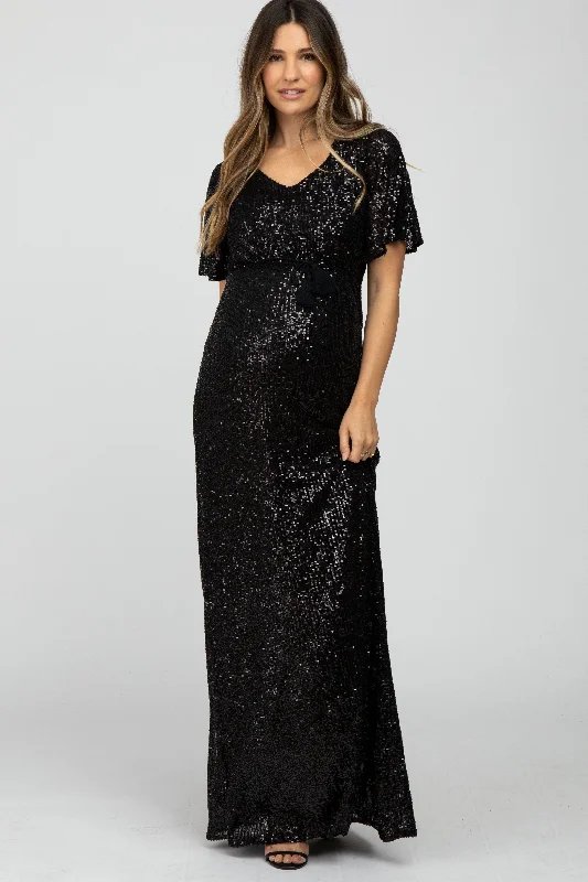 Backless Women Dress for a Sexy and Alluring Look at Evening EventsBlack Sequin Short Sleeve Maternity Maxi Dress Backless Women Dress for a Sexy and Alluring Look at Evening EventsBlack Sequin Short Sleeve Maternity Maxi Dress