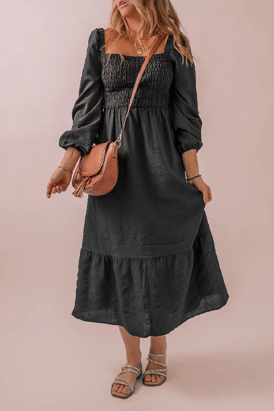 Ruffled Women Dress with Multiple Layers for a Playful and Girly StyleSmocked Square Neck Midi Dress Ruffled Women Dress with Multiple Layers for a Playful and Girly StyleSmocked Square Neck Midi Dress